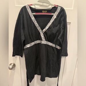 Désirée Black Sequin Trim V-Neck Tunic Top 1X Cotton Waist Tie